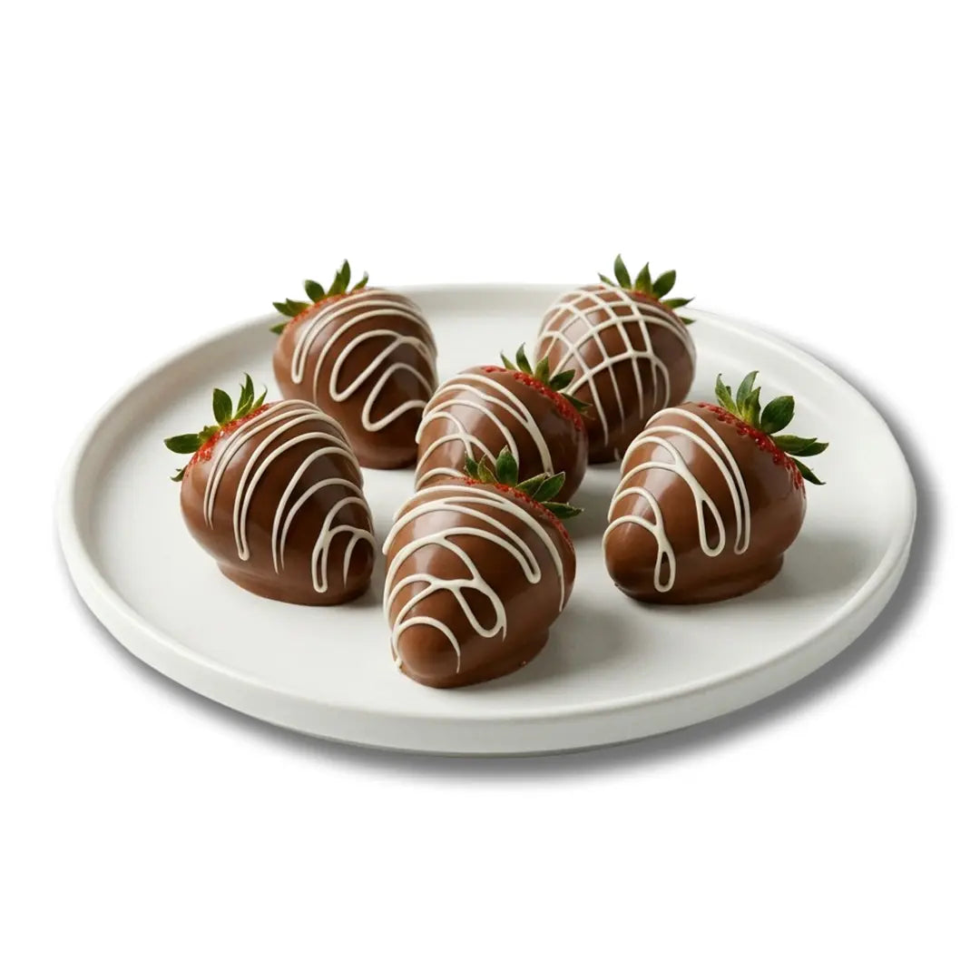 6 Milk Dipped Strawberries with White Drizzle Chocolate Covered