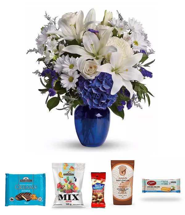 Beautiful Blue Gourmet flower arrangement with snacks.