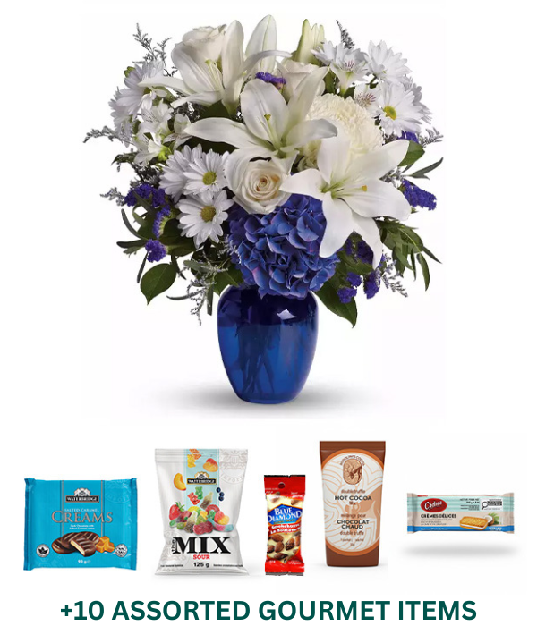 Beautiful Blue Gourmet Flower Bundle with Assorted Gourmet Items