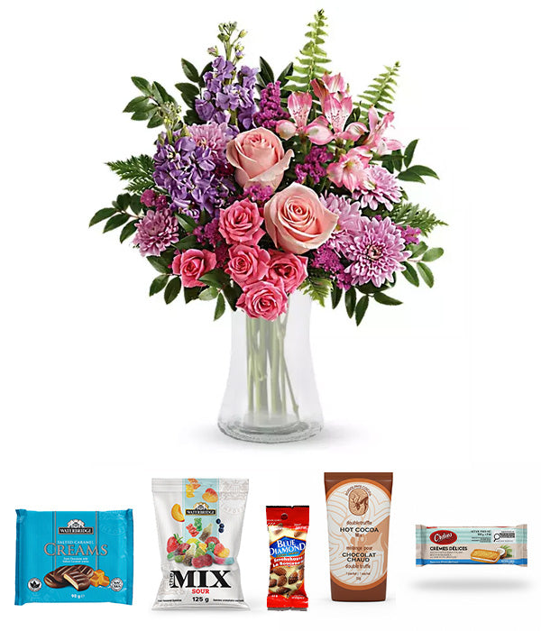 Blush Berry Gourmet flower bouquet with treats.
