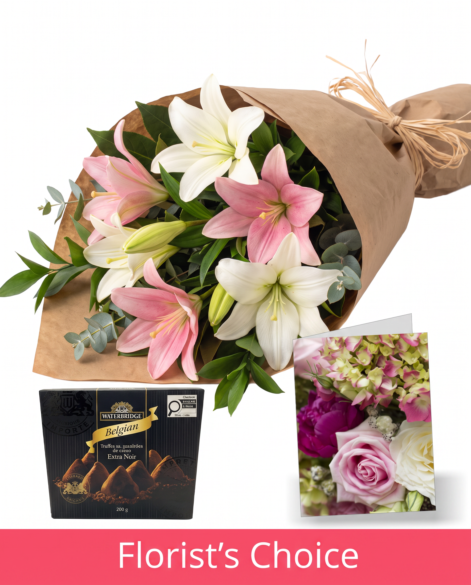 Bunch of Pink & White Lilies with Card & Truffles