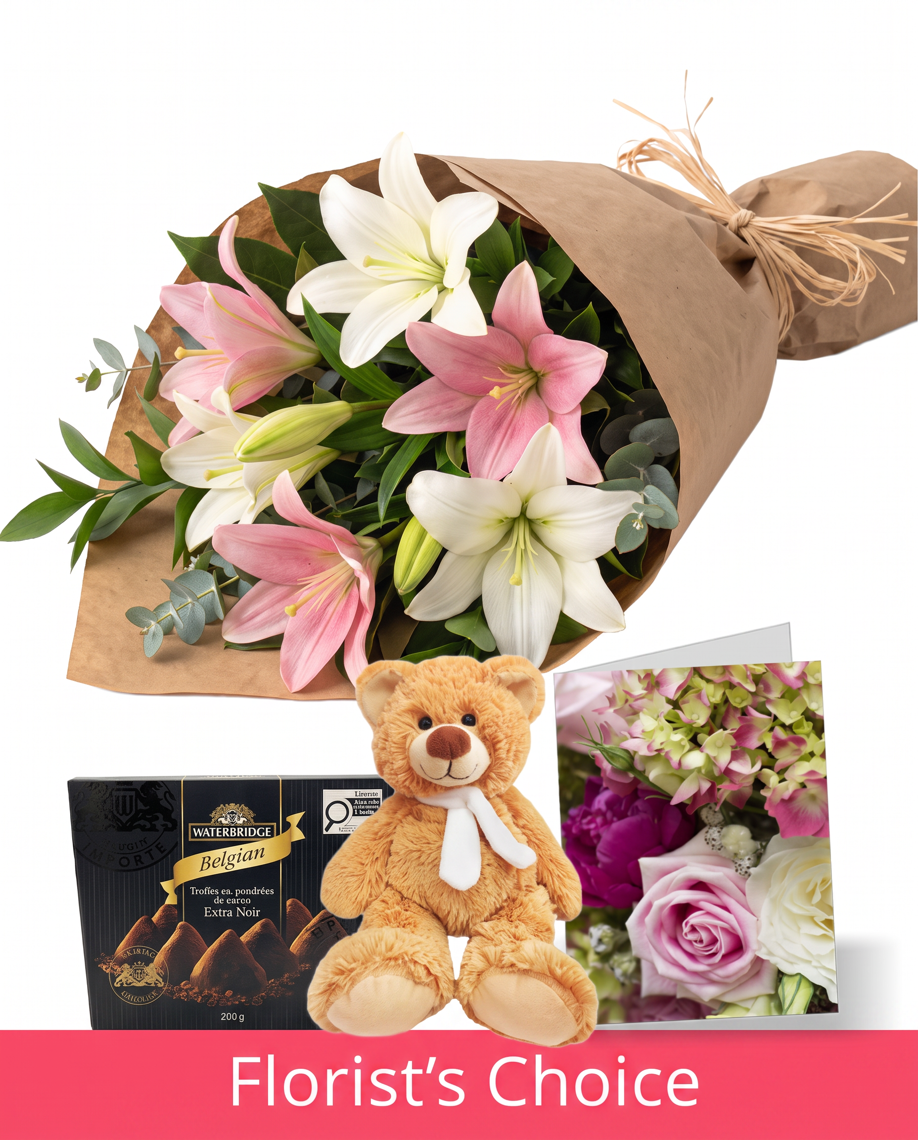 Bunch of Pink & White Lilies with Card, Truffles & Teddy