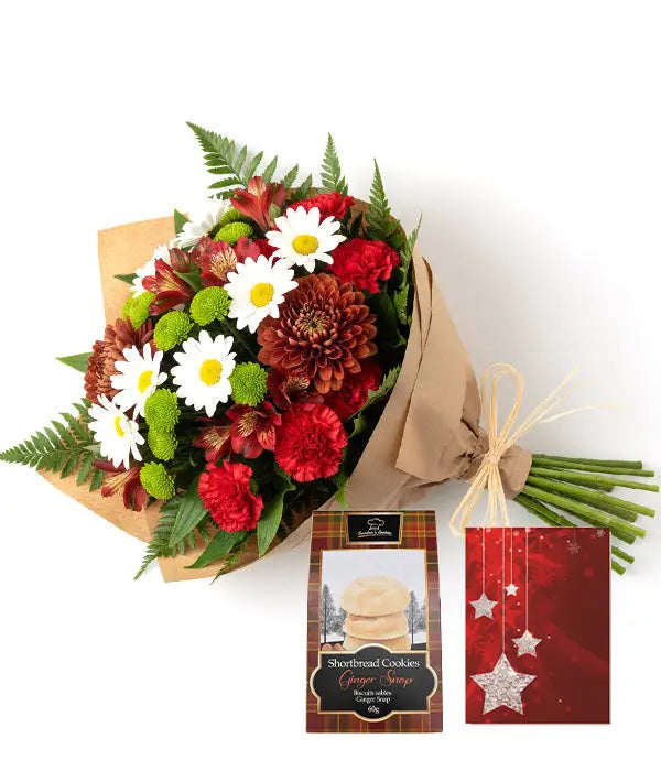 Bouquet, cookies, and holiday card gift set.