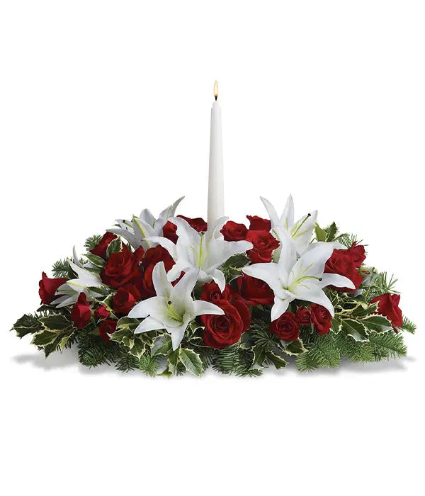 Lily Love Centerpiece with red roses and candle