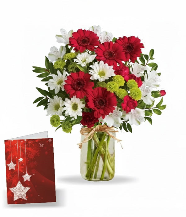 Christmas flowers in mason jar with card