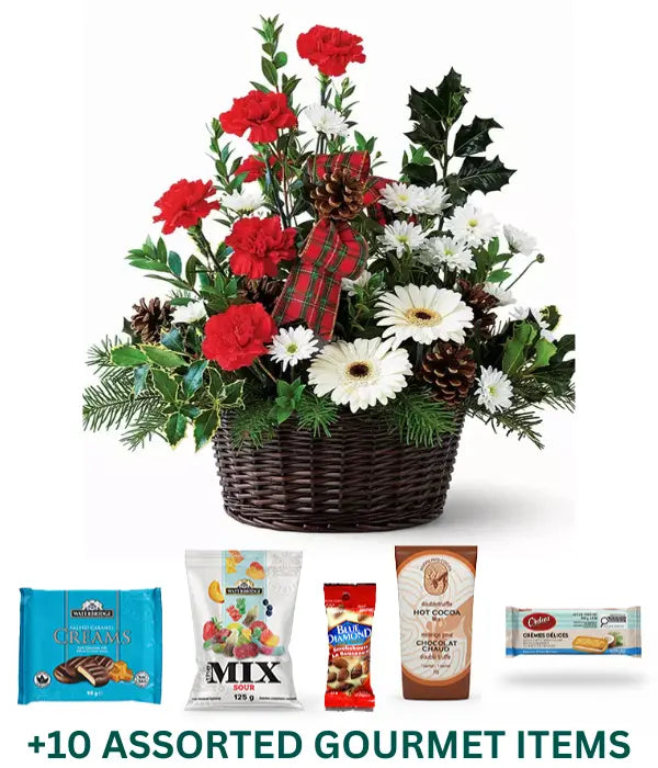 Christmas Gourmet Basket with Flowers & Treats