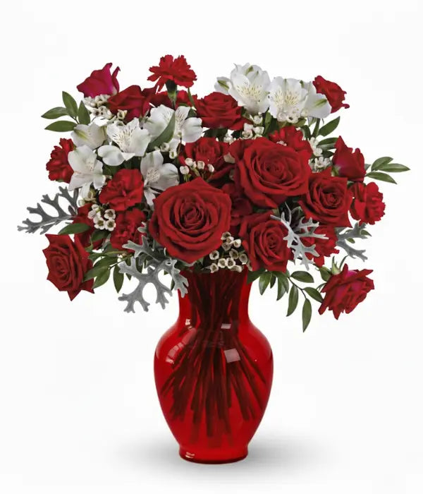 Crimson Snow Elegance supersize flower arrangement in red vase