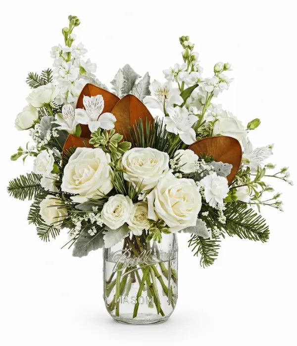 Deluxe frosted rose bouquet in mason jar