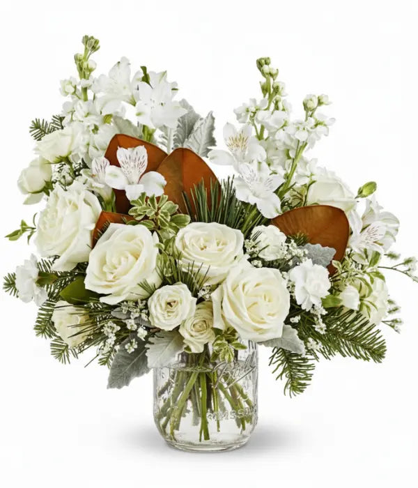 Frosted Rose bouquet in mason jar