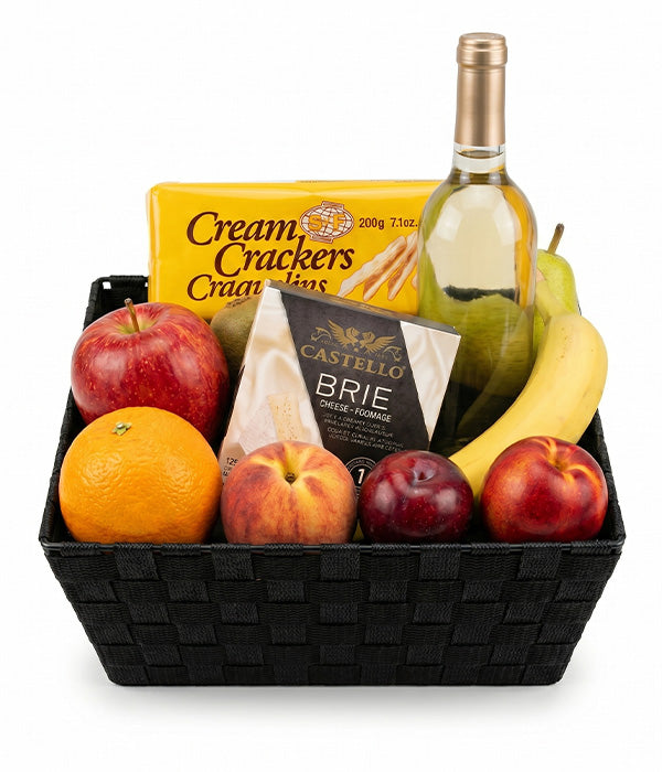 Fruit, White Wine & Cheese Basket Florist