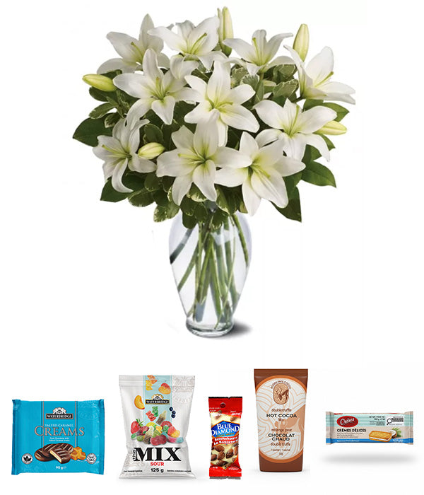 HeavenlyLilies-Gourmet bouquet with gourmet treats