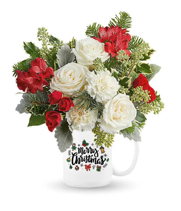 Merry Christmas flower bouquet in a mug