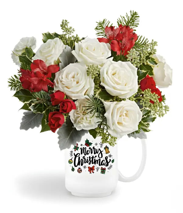 Holiday Christmas flower bouquet in a mug