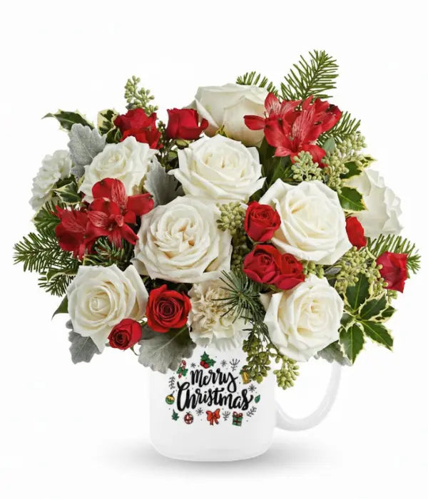 Holiday mug bouquet with Merry Christmas florals.
