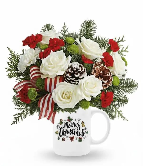 Merry Christmas floral arrangement in a mug
