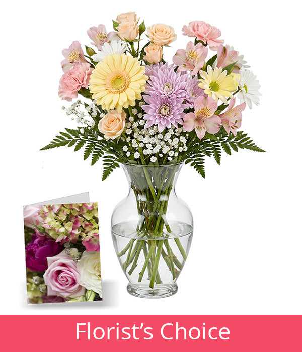 Pastel Colours Designer’s Choice with Vase & Card Florist