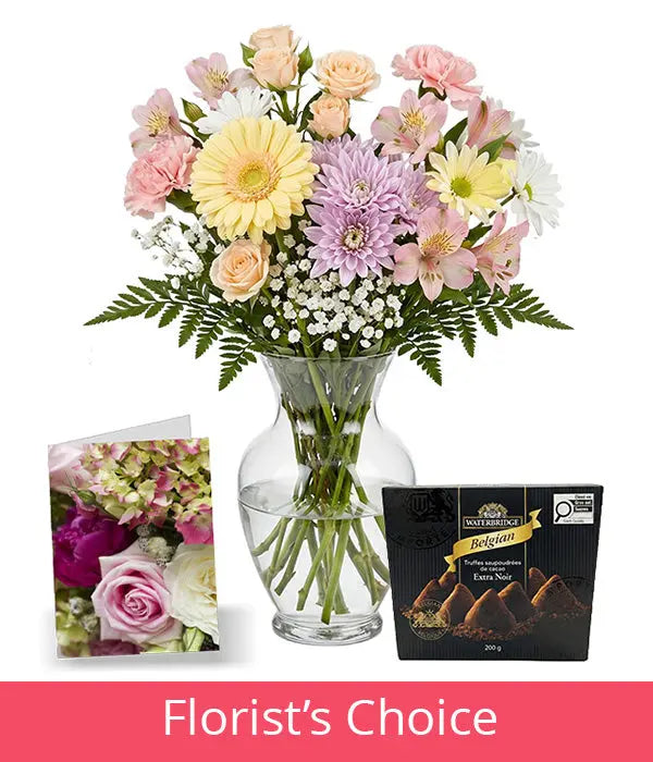 Pastel Colours Designer’s Choice with Vase, Card & Truffles Florist