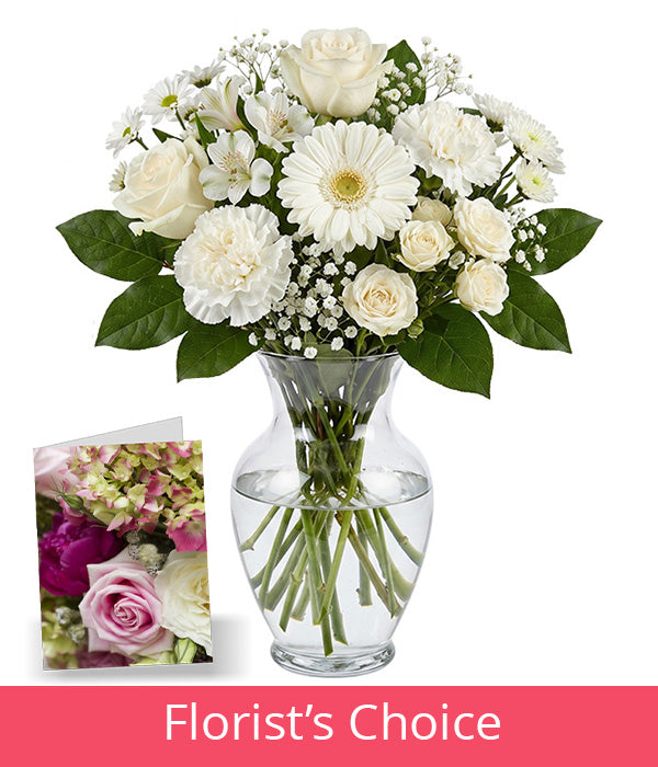 White Bouquet Designer’s Choice with Vase & Card Florist