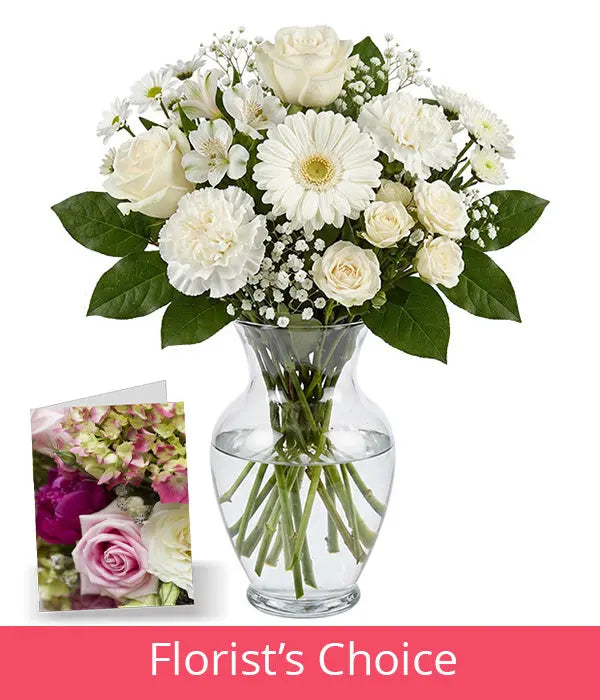 White Bouquet Designer’s Choice with Vase & Card Florist
