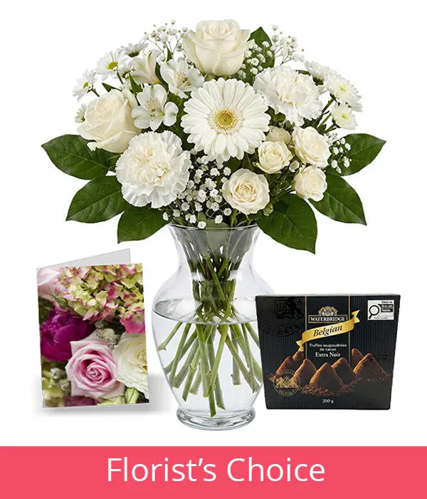 White Bouquet Designer’s Choice with Vase, Card & Truffles Florist