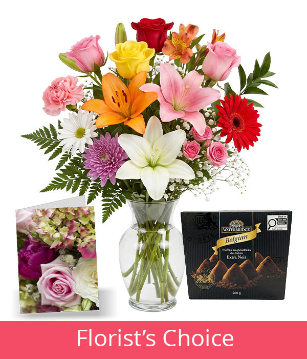 Luxury Bouquet Designer's Choice with Vase, Card & Truffles Florist
