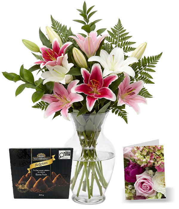 Assorted Oriental Lily Bouquet with Vase, Card & Truffles