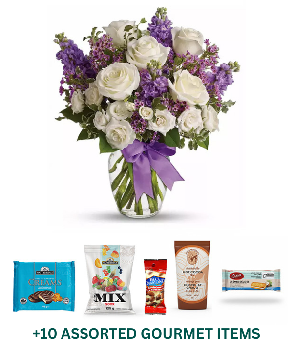 Floral arrangement with gourmet snacks