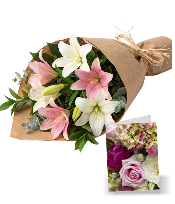 Bunch of Pink & White Lilies with Card