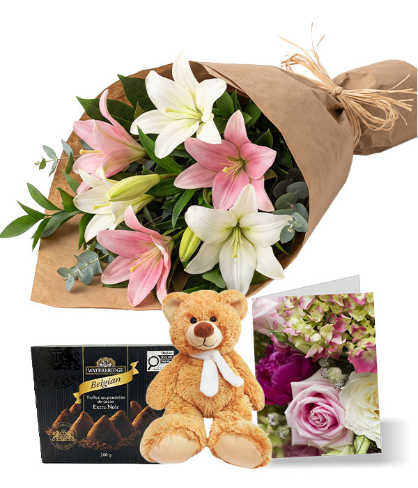 Bunch of Pink & White Lilies with Card, Truffles & Teddy
