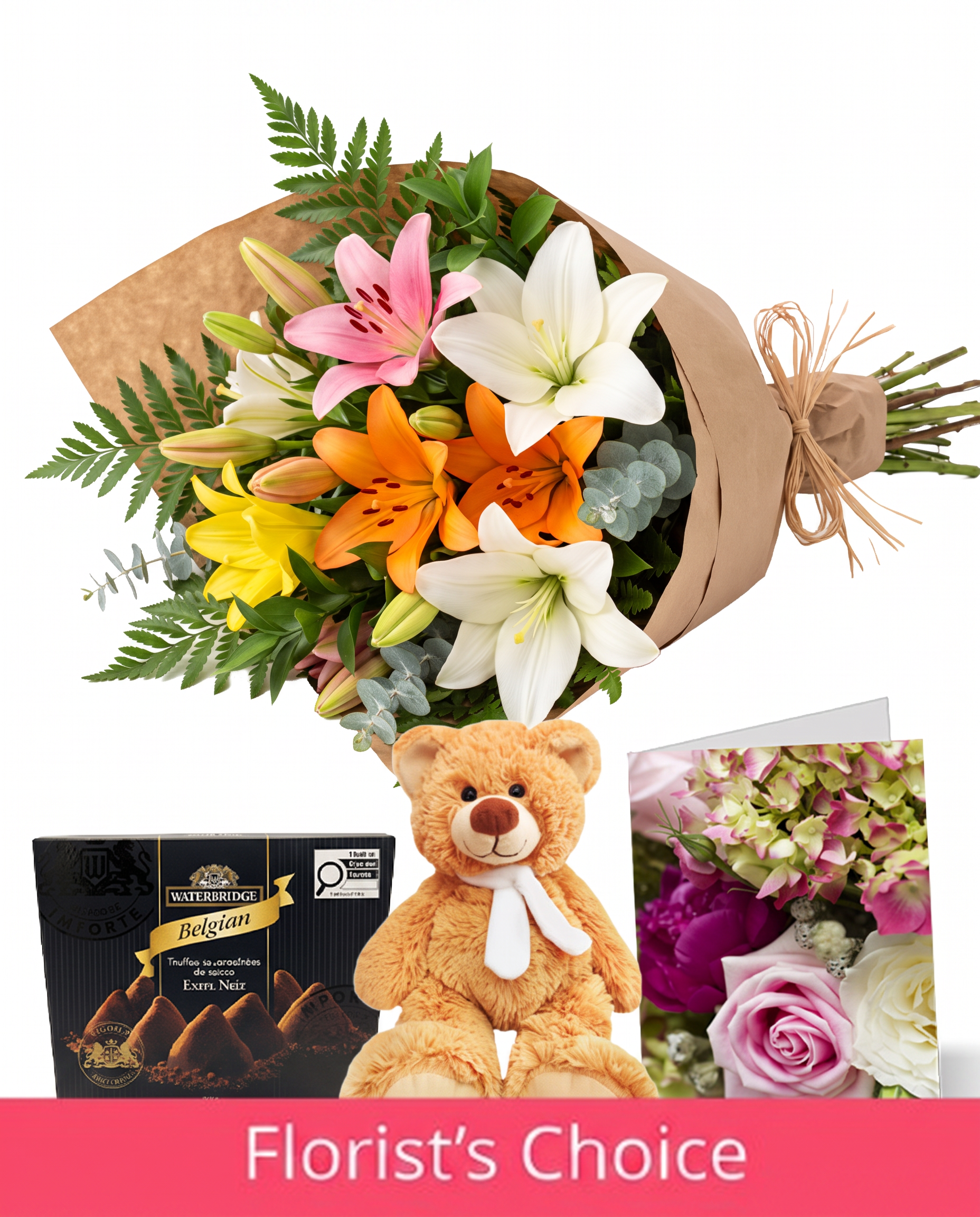 Bunch of Assorted Lilies with Card, Truffles & Teddy