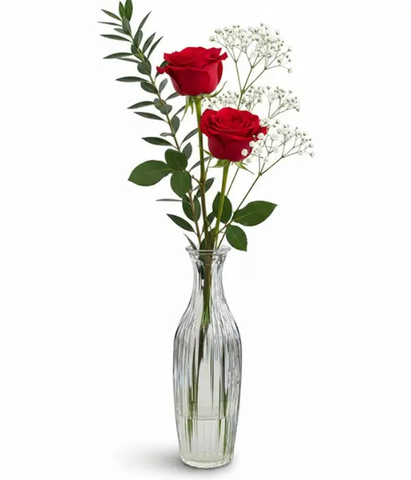 Red roses in bud vase from florist