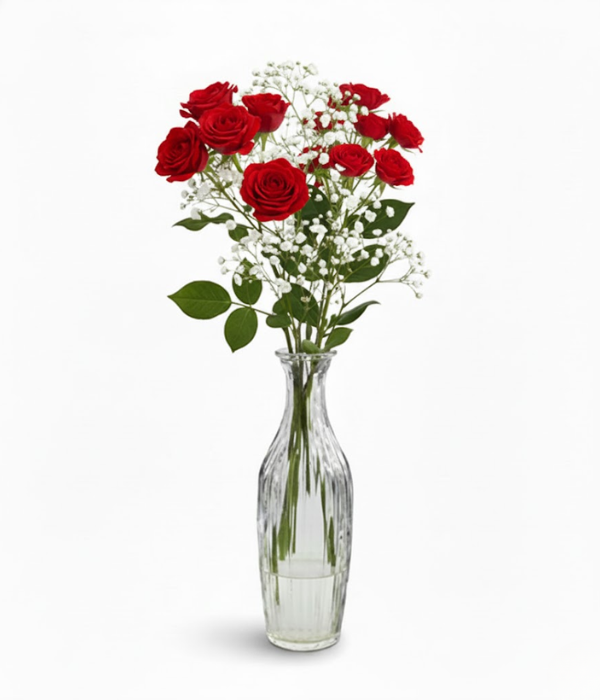 Red spray roses in bud vase deluxe
