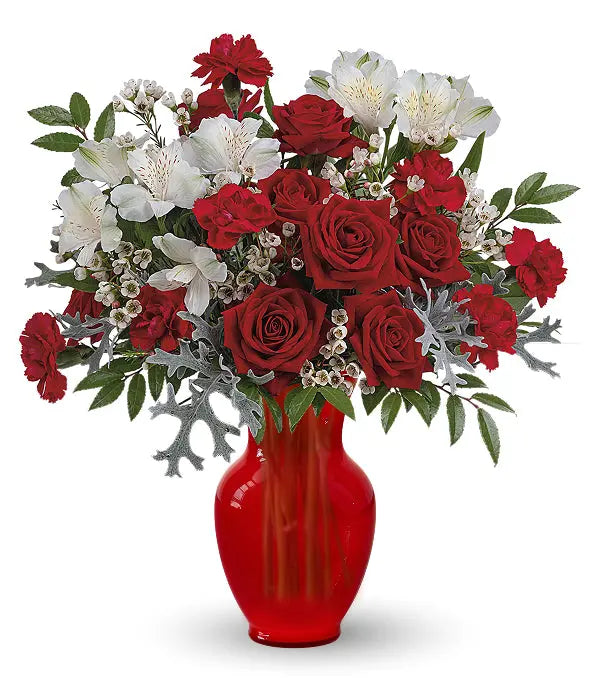 Red roses & white flowers in red vase