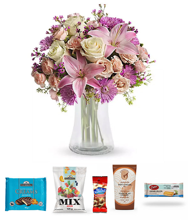 VintageBloom Gourmet floral arrangement with treats.
