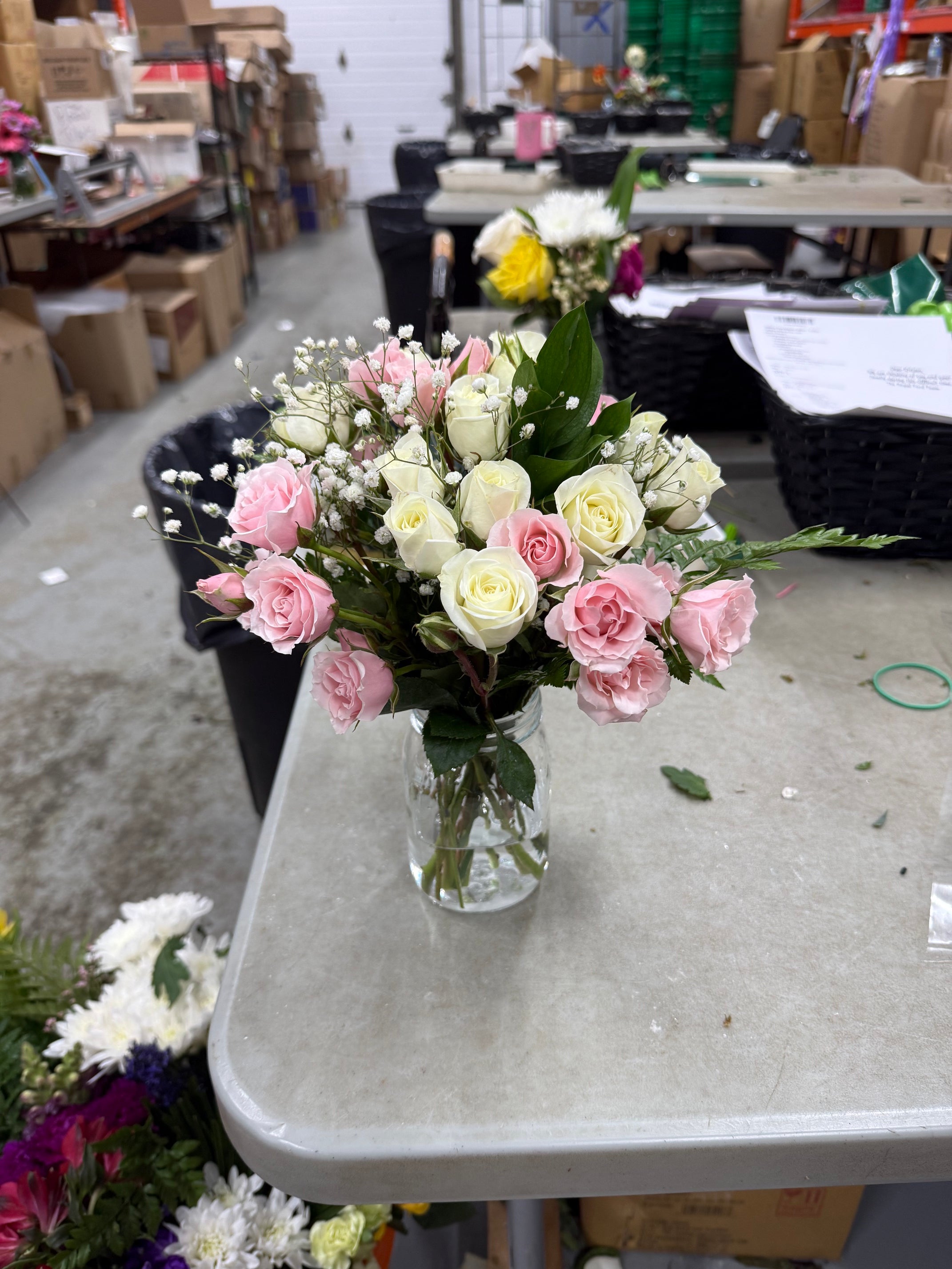 30 Blooms of White & Pink Spray Roses in a Mason Jar Florist