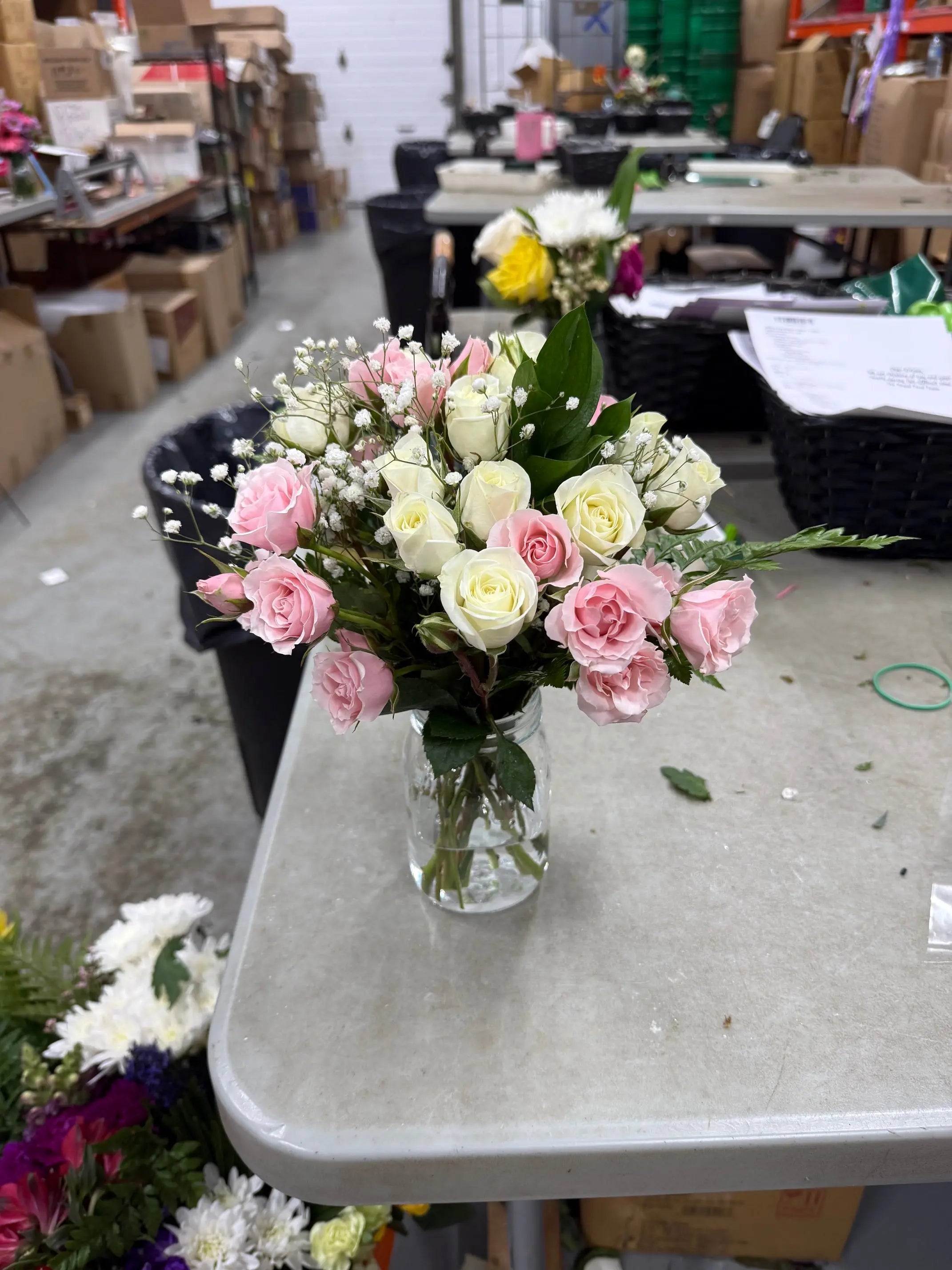 30 Blooms of White & Pink Spray Roses in a Mason Jar Florist