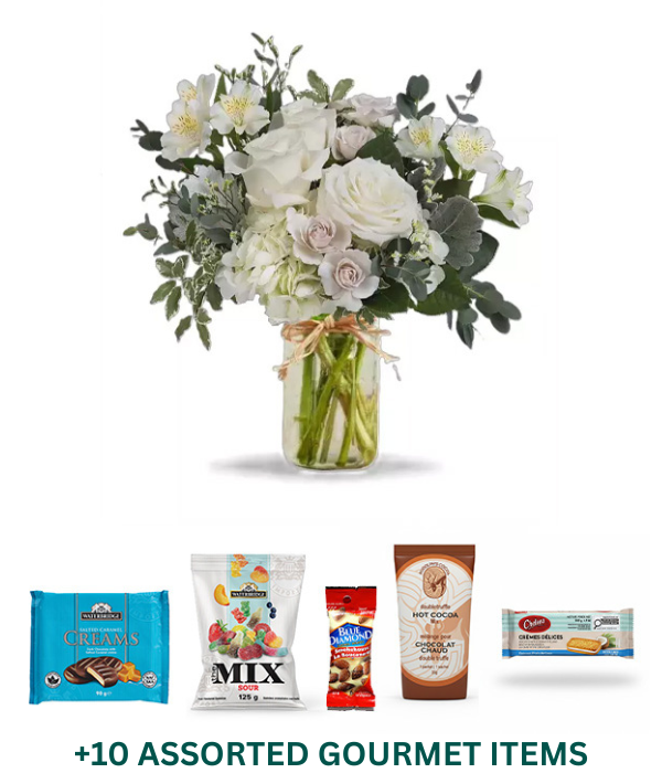 Beautiful in Blue Gourmet Bundle with Flowers & Assorted Gourmet Items