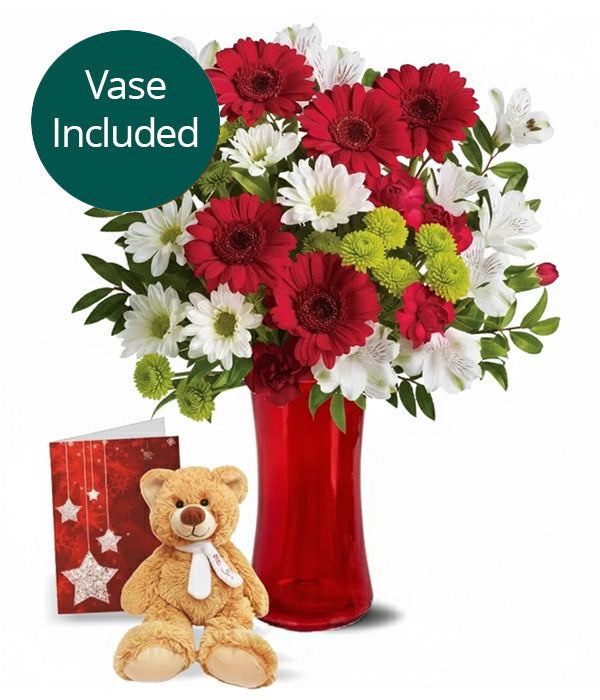Christmas Bells III floral arrangement with vase & bear