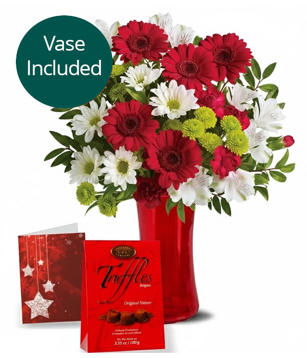 ChristmasBellsIV flower bouquet with vase and chocolates