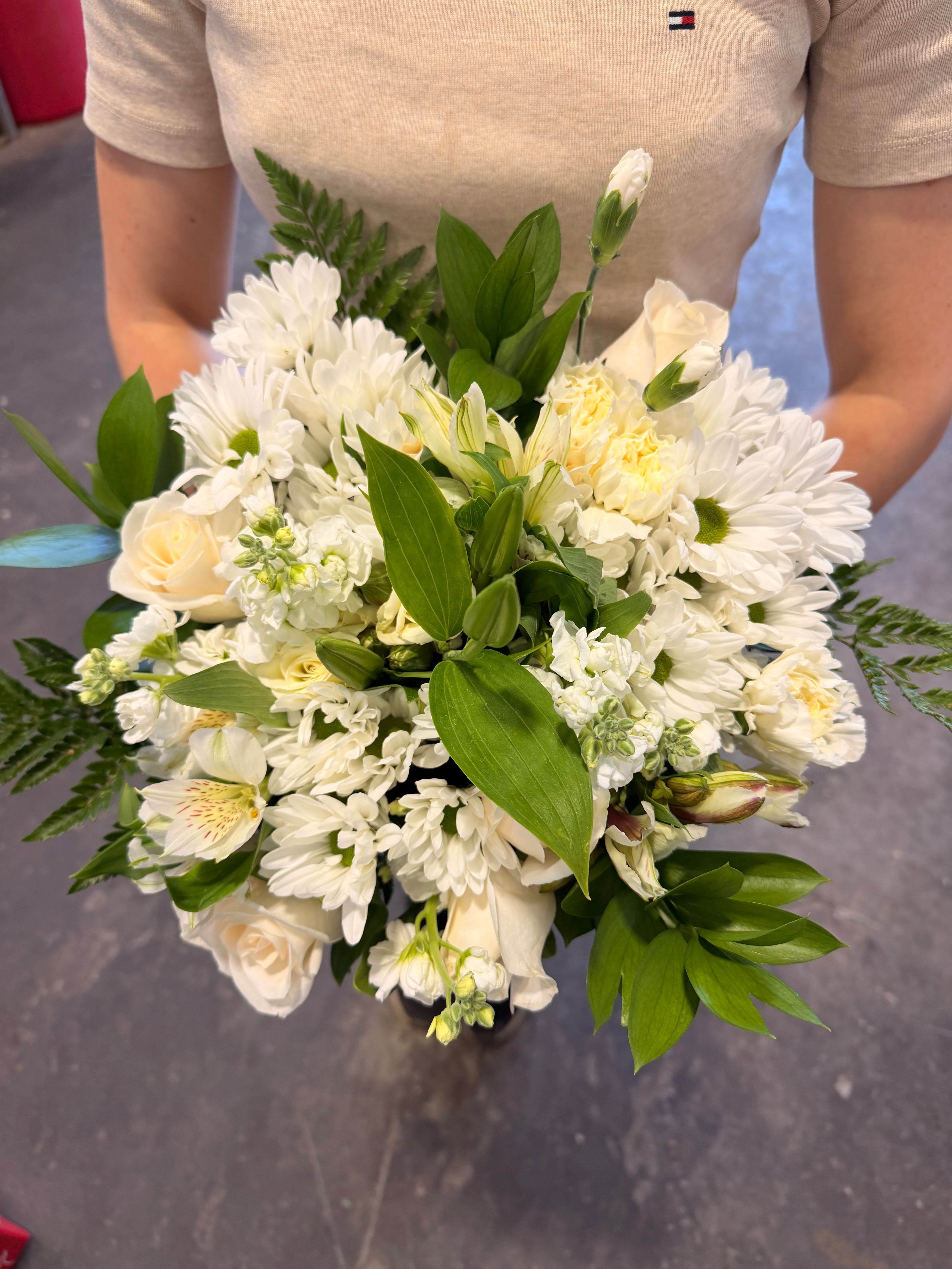 White Bouquet Designer’s Choice with Vase & Card Florist