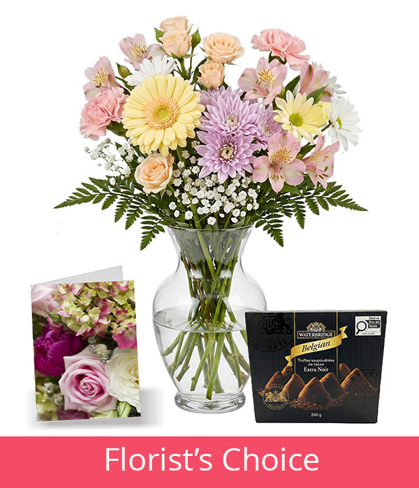 Pastel Colours Designer’s Choice with Vase, Card & Truffles Florist