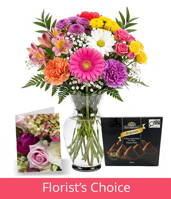 Bright Colours Designer’s Choice with Vase, Card & Truffles Florist