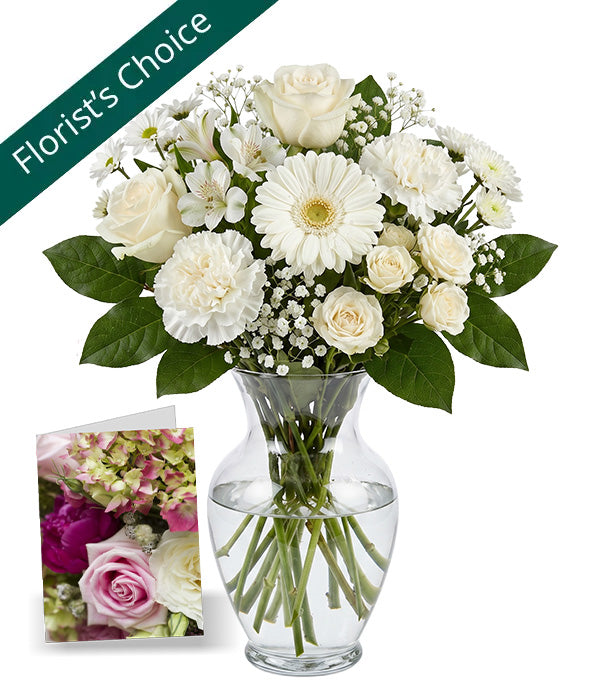 White Bouquet Designer’s Choice with Vase & Card Florist