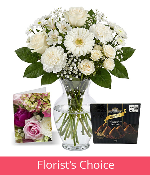 White Bouquet Designer’s Choice with Vase, Card & Truffles Florist