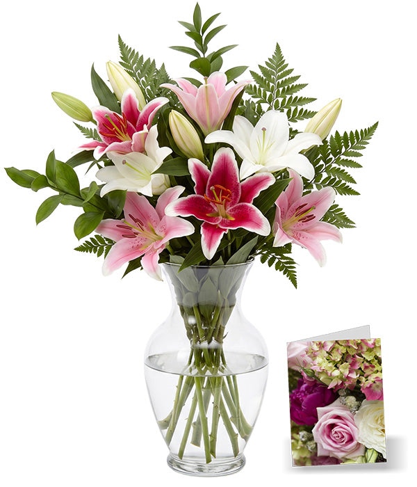 Assorted Oriental Lily Bouquet with Vase & Card