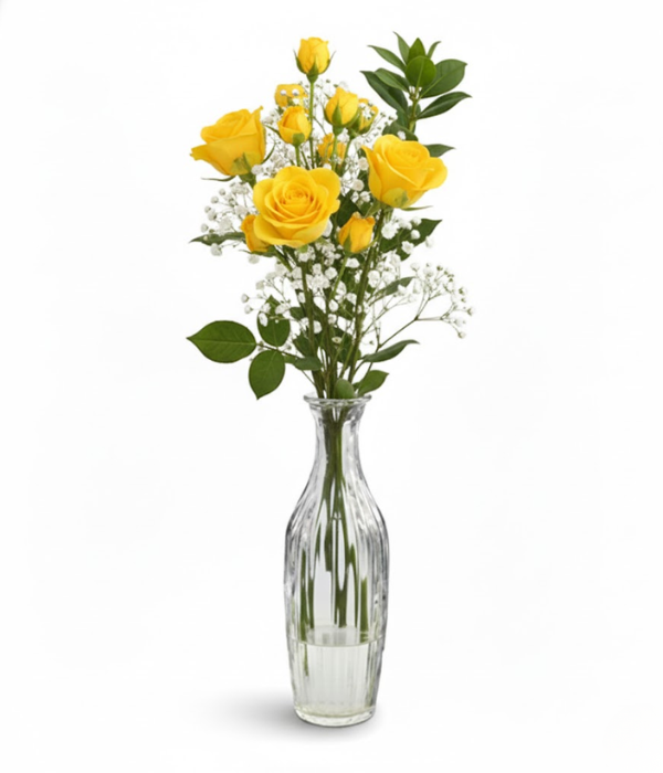 Yellow spray roses in bud vase from florist.